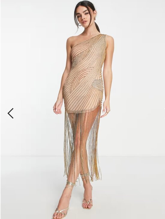 ASOS Dresses & Skirts - ASOS DESIGN one shoulder all over diamante embellished mesh mini dress in gold